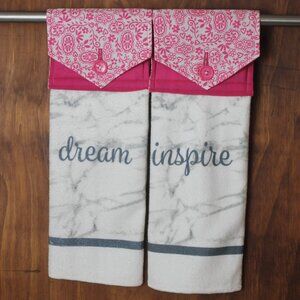" DREAM - INSPIRE" PRINT SET OF 2 PINK & WHITE HANDMADE HANGING KITCHEN TOWEL